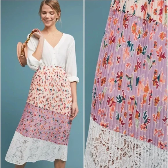 Anthropologie LAIA Pleated Floral Pink and White Midi Skirt Size XL - Picture 3 of 10